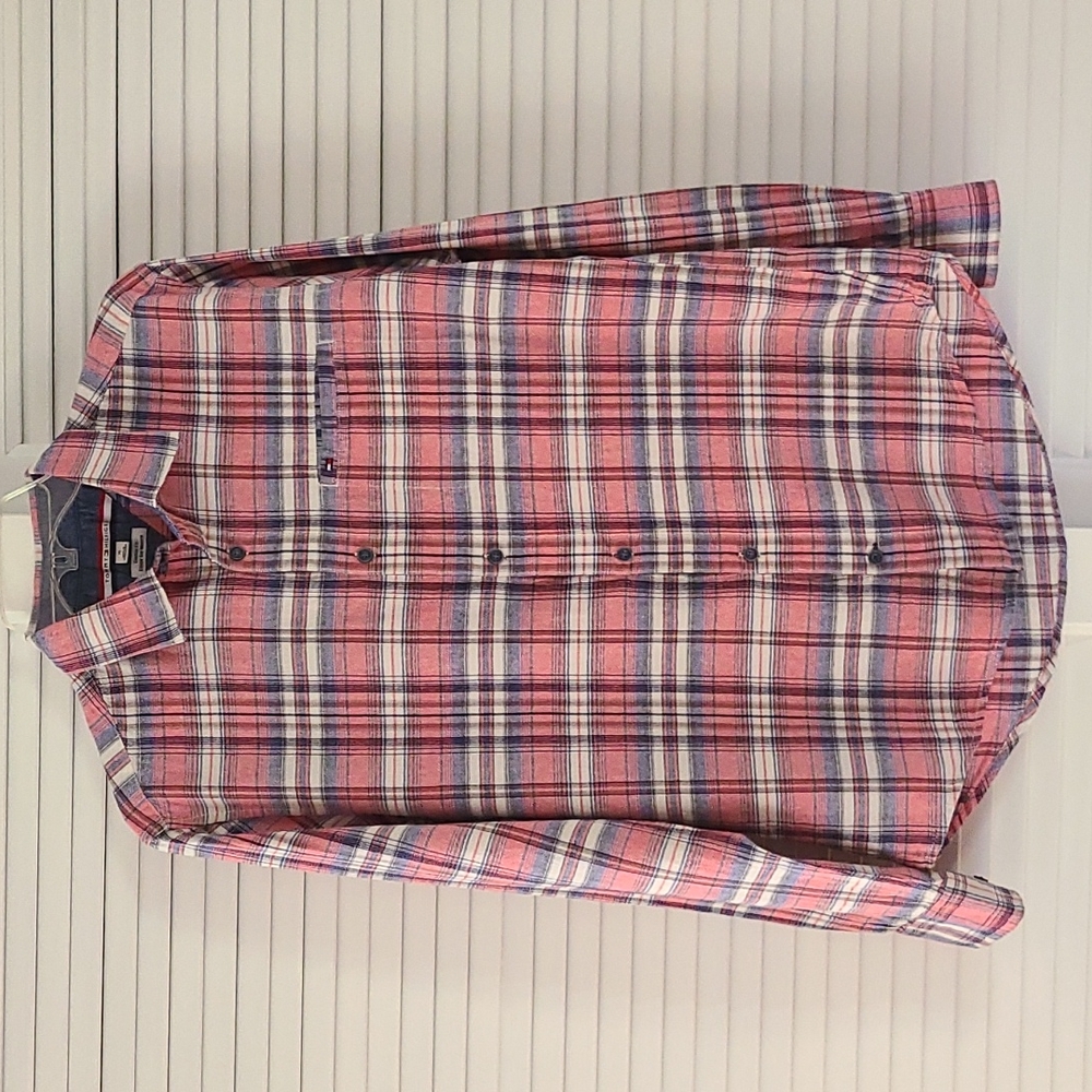 Tommy Hilfiger Custom Fit Long Sleeve Button Down Shirt. Sz M. Red/Wht/Blue